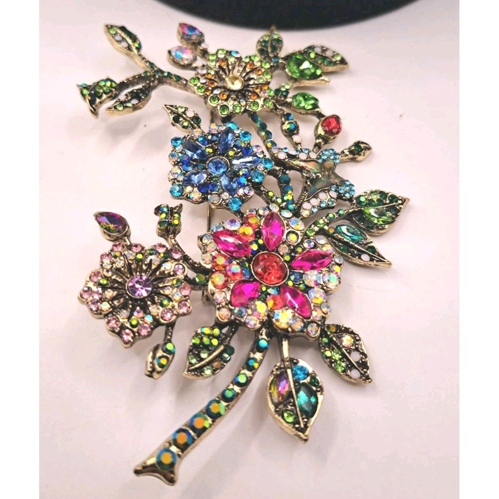 Metal Gallery Floral Colorful Rhinestone Brooch Pin